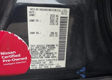 2015 Nissan Altima 2.5 Sv из США, поврежденный, VIN 1N4AL3AP7FC590705